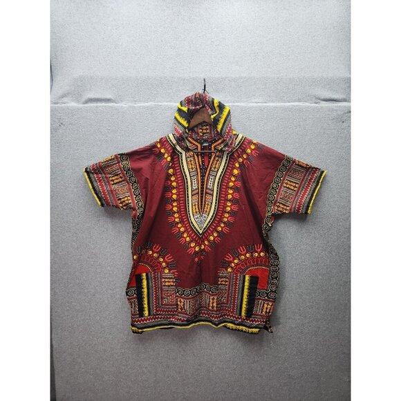 African Dashiki Hooded Top Red/Yellow Pattern 100% Cotton Unisex One Size Handma - Picture 1 of 5